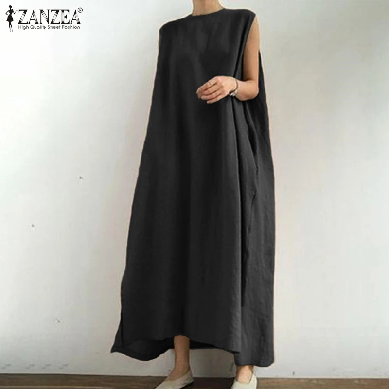 

ZANZEA 2021 Stylish Split Dress Women's Summer Sundress Casual Sleeveless Vestidos Female O Neck Solid Maxi Robe Oversized
