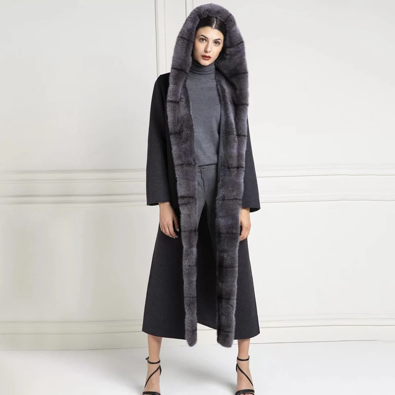 Новинка, Женское зимнее пальто с натуральным мехом, темно-серое пальто Nizi с поясом, X-Long Silm Nizi, пальто с норковым мехом, воротник с лацканами