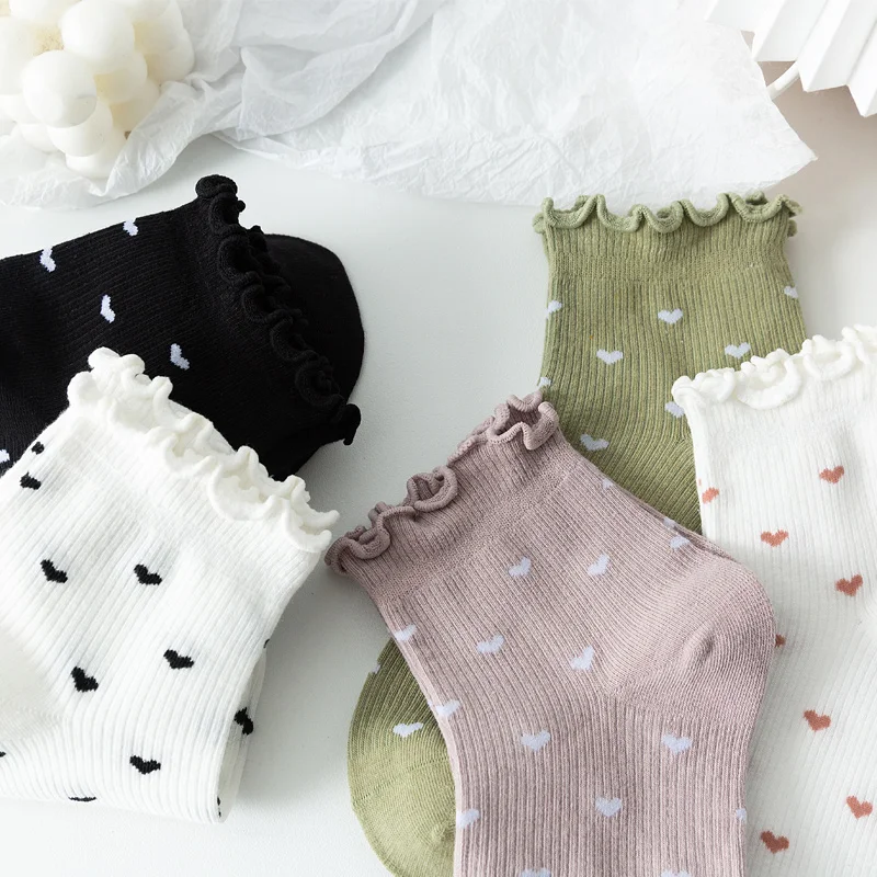 

frilly cute Heart socks kawaii calcetines mujer women chaussette femme japanese style korean fashion white cotton sock black