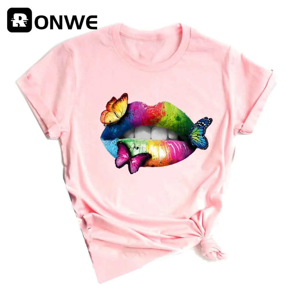 Черная футболка с коротким рукавом и принтом радужных губ бабочек винтажный топ