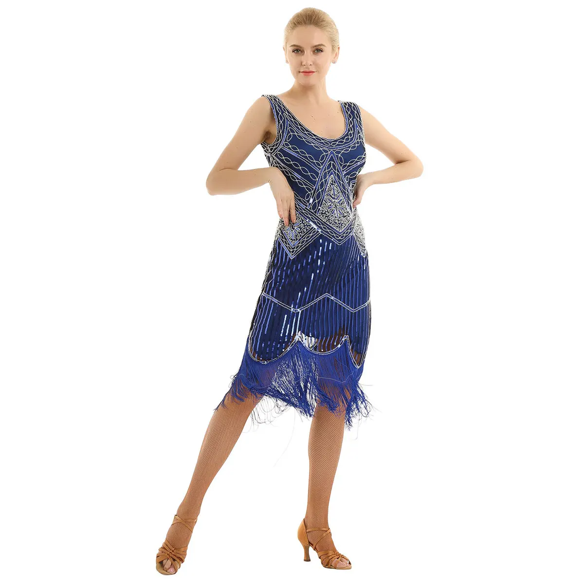 Womens Glitter Reflective Beaded Summer Dress for Jazz Dance Wear Fringed Tassels Hem Flapper Cocktail Leotard |