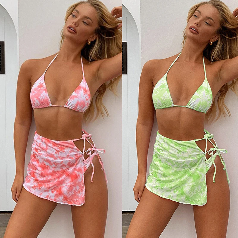 Женский комплект бикини из трех предметов розовый галстук краска градиентные