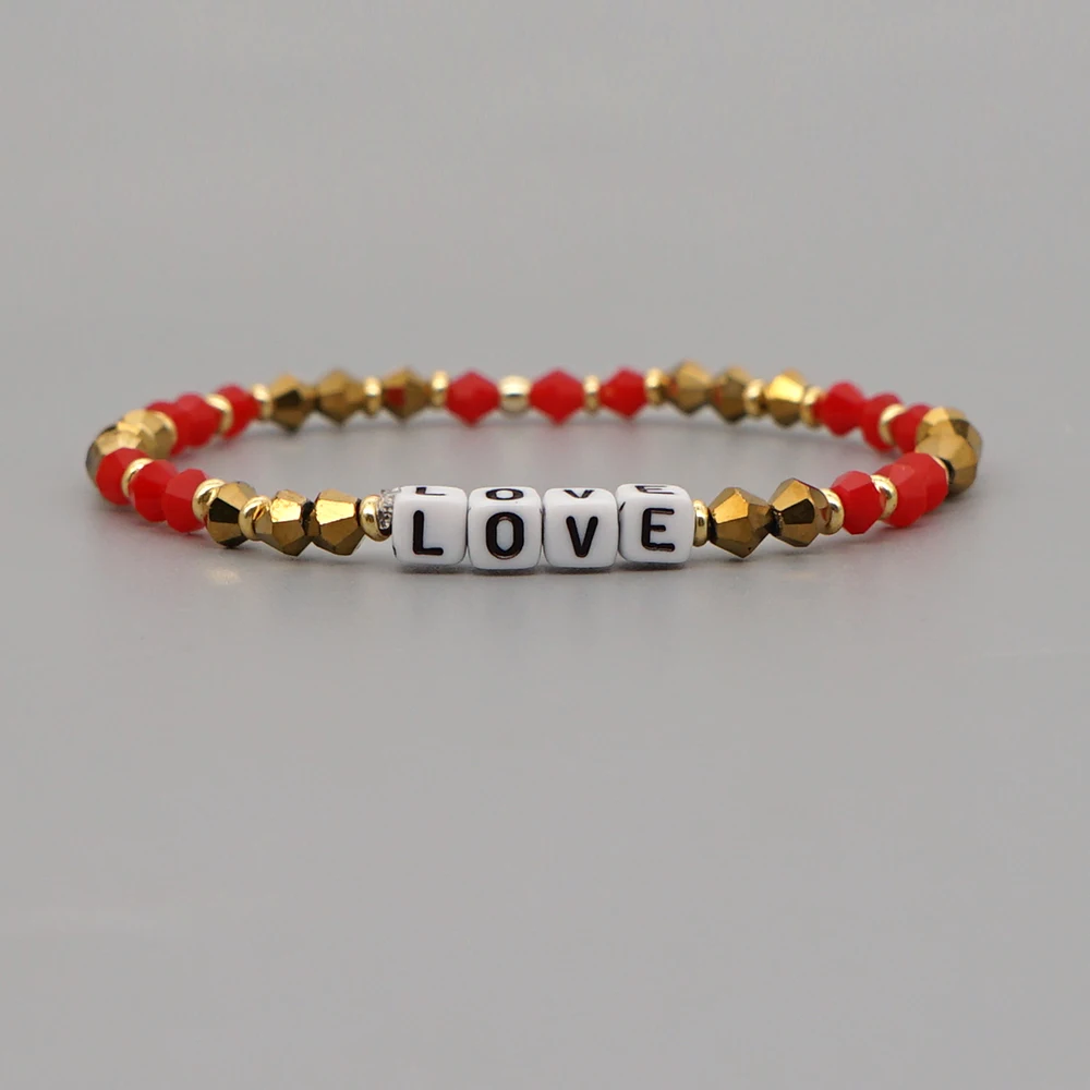 

Shinus Luxury Crystals Bracelets Romance Gold Red Crystal Beaded Bracelet For Women Letter LOVE Pulseras Jewelry Accessories
