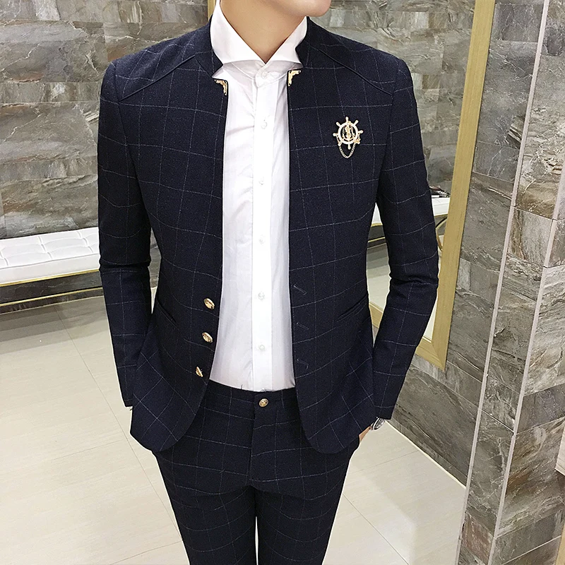 

High quality blue mens suit two-piece set Slim men plaid suit Blazer jacket and pants 2020 autumn mens suits