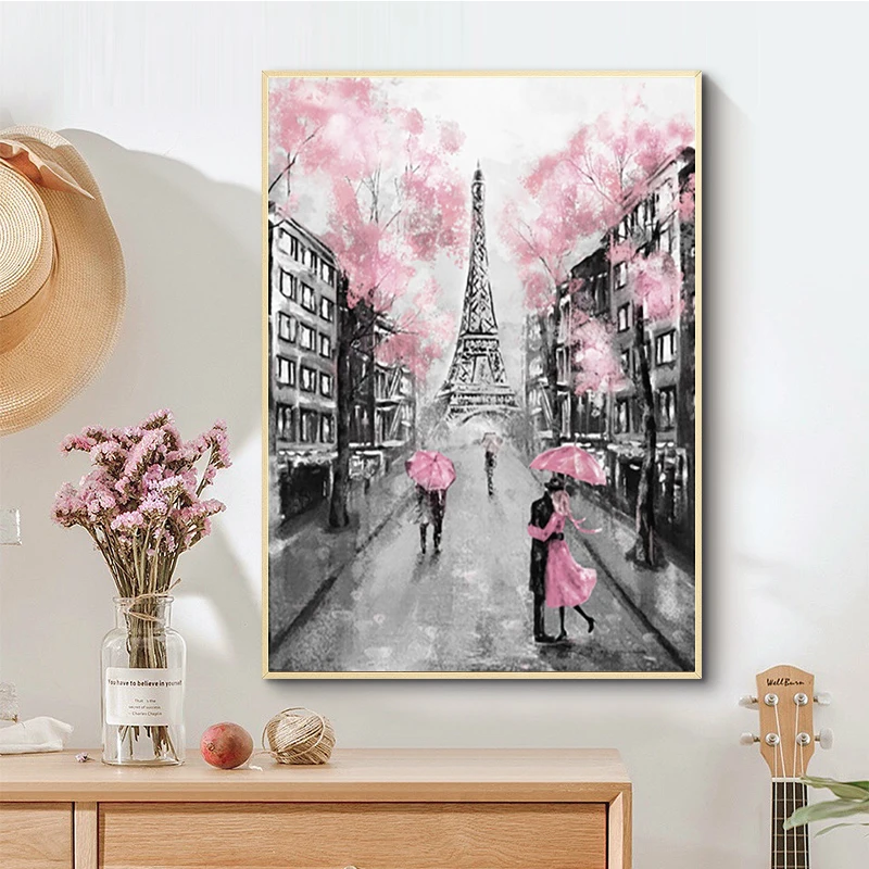 

City Lovers Walking on The Street Paris Eiffel Tower Landscape Abstract Canvas Painting HD Print Wall Art Living Room Home Decor