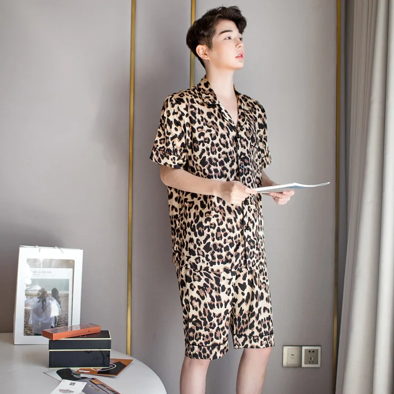 FZSLCYIYI Summer New Fashion Leopard Couple Pajama Sets Imitated Silk Fabric Pyjama Suit Nightwear Lovers' Short Sleeve Shorts | Мужская
