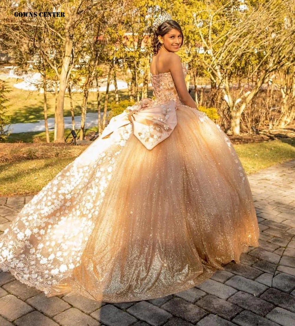 

Princess Champagne Bow 3D Flowers Quinceanera Dress Lace Up Ball Gown Sparkly Sequined Sweet 15 16 Dress Graduation Prom Gowns