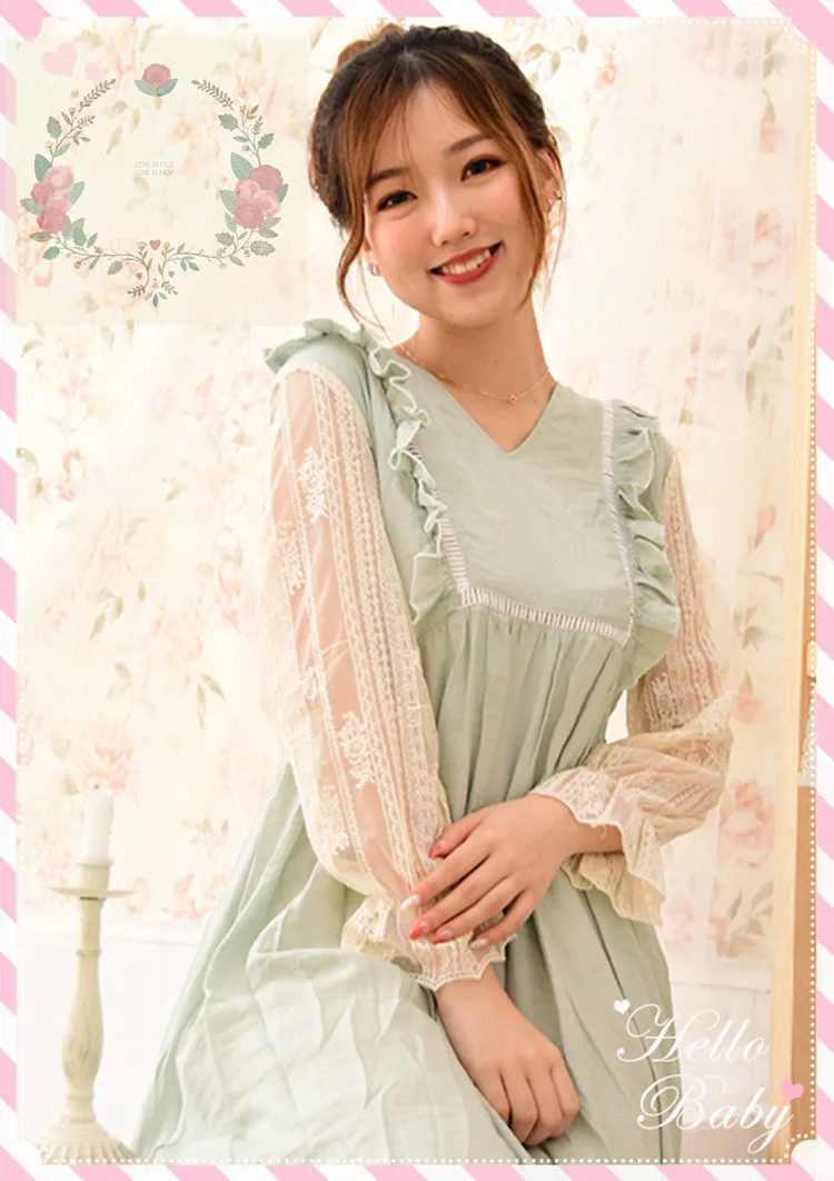 

Lolita Bohemian Hippie Boho Vintage Retro Casual Cotton Linen Patchwork Long Sleeve Elegant Women Green Dress Autumn Vestidos