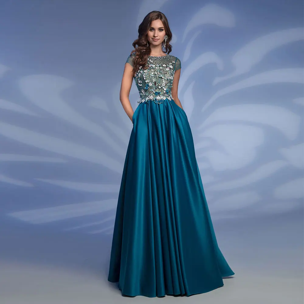 

A-line Dark Navy Jewel Sweep/Brush Floor length Applique Flower Sleeveless Evening Dresses Fashion high quality