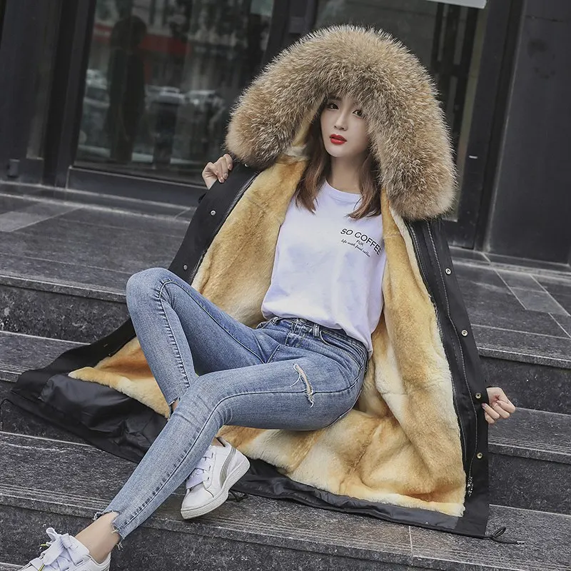 Роскошное зимнее пальто, парки, настоящая толстовка с мехом енота и подкладкой из искусственного меха, Женская Длинная Верхняя одежда, теплые пальто LF9110