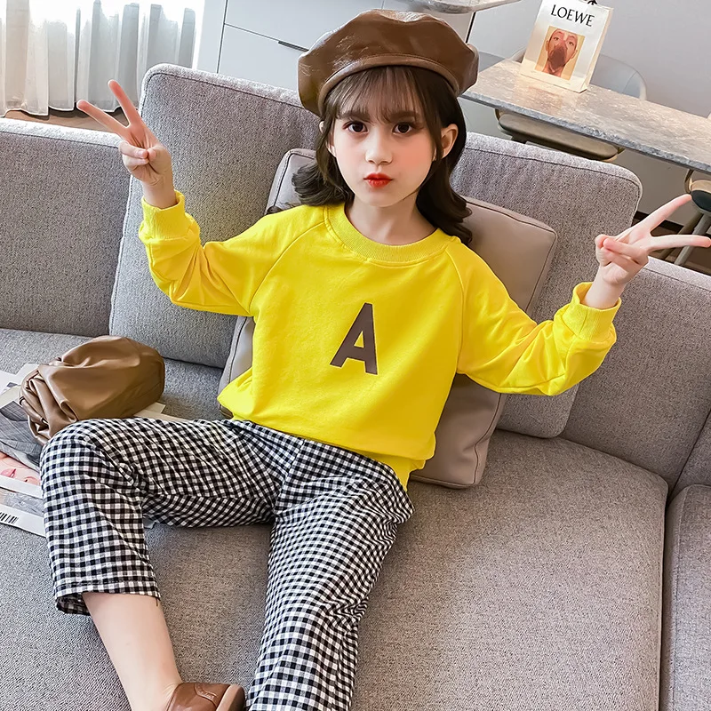Spring Autumn Girls Tracksuit Teenage Stylish Simplicity Casual Outfit Kids Sweatshirt+ Plaid Slack Pants 2pcs Set Children Suit