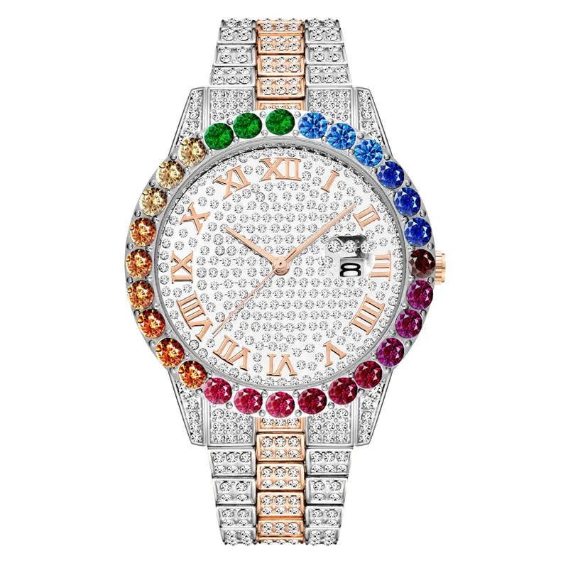 

New Mens Luxury Designer Roman Numeral Dial Watch Rainbow Graduation Bezel Watch Men Analog Round Luxury Brand Male Iced Watches