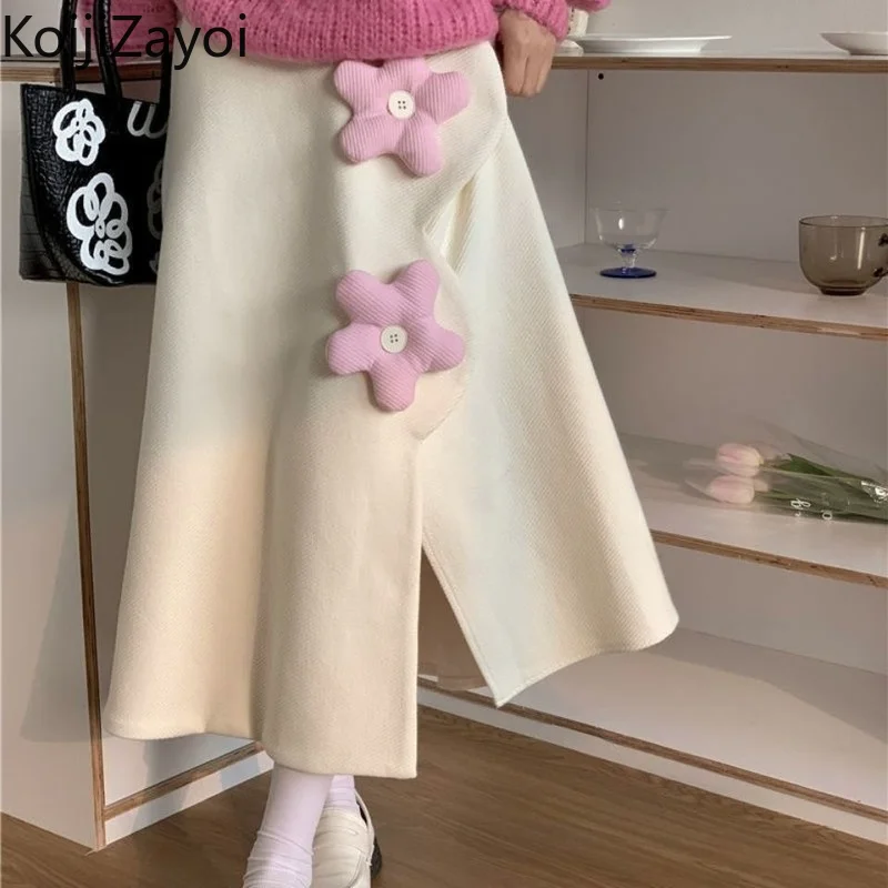

Koijizayoi 2022 Fashion Autumn Winter Side Split Midi Long Skirt Women Korean Style Flower High Waist Skirts Female Faldas Saia