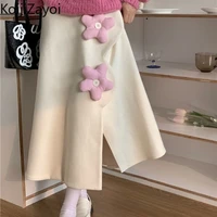 koijizayoi 2022 fashion autumn winter side split midi long skirt women korean style flower high waist skirts female faldas saia