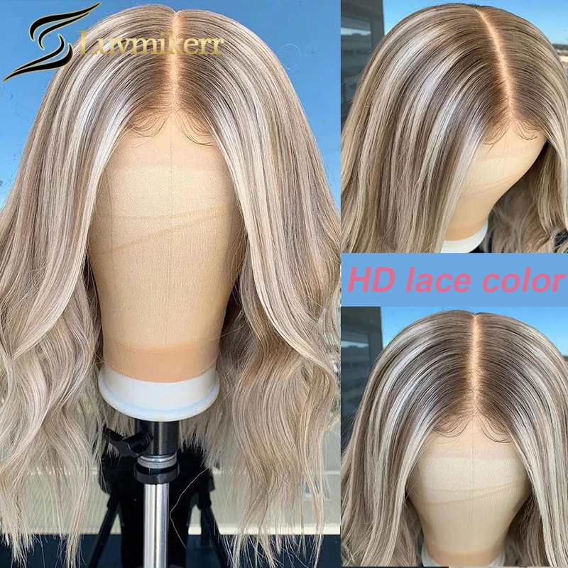 

HD Ombre 613 Blonde Short Bob Lace Frontal Wigs Wavy Pre Plucked Pixie Cut Highlight Grey Human Hair Wig For Women Bleached Knot
