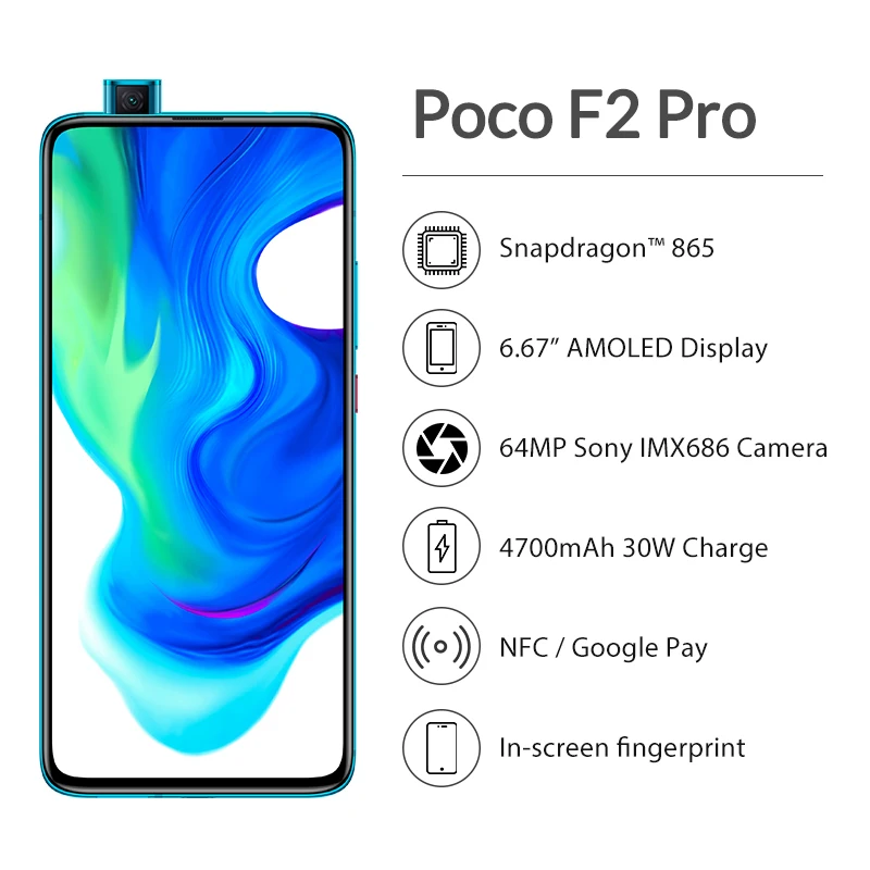Оригинальный мобильный телефон Xiaomi POCO F2 Pro Snapdragon 865 64MP + 20MP камеры 6 67 &quot4700mAh NFC 6GB
