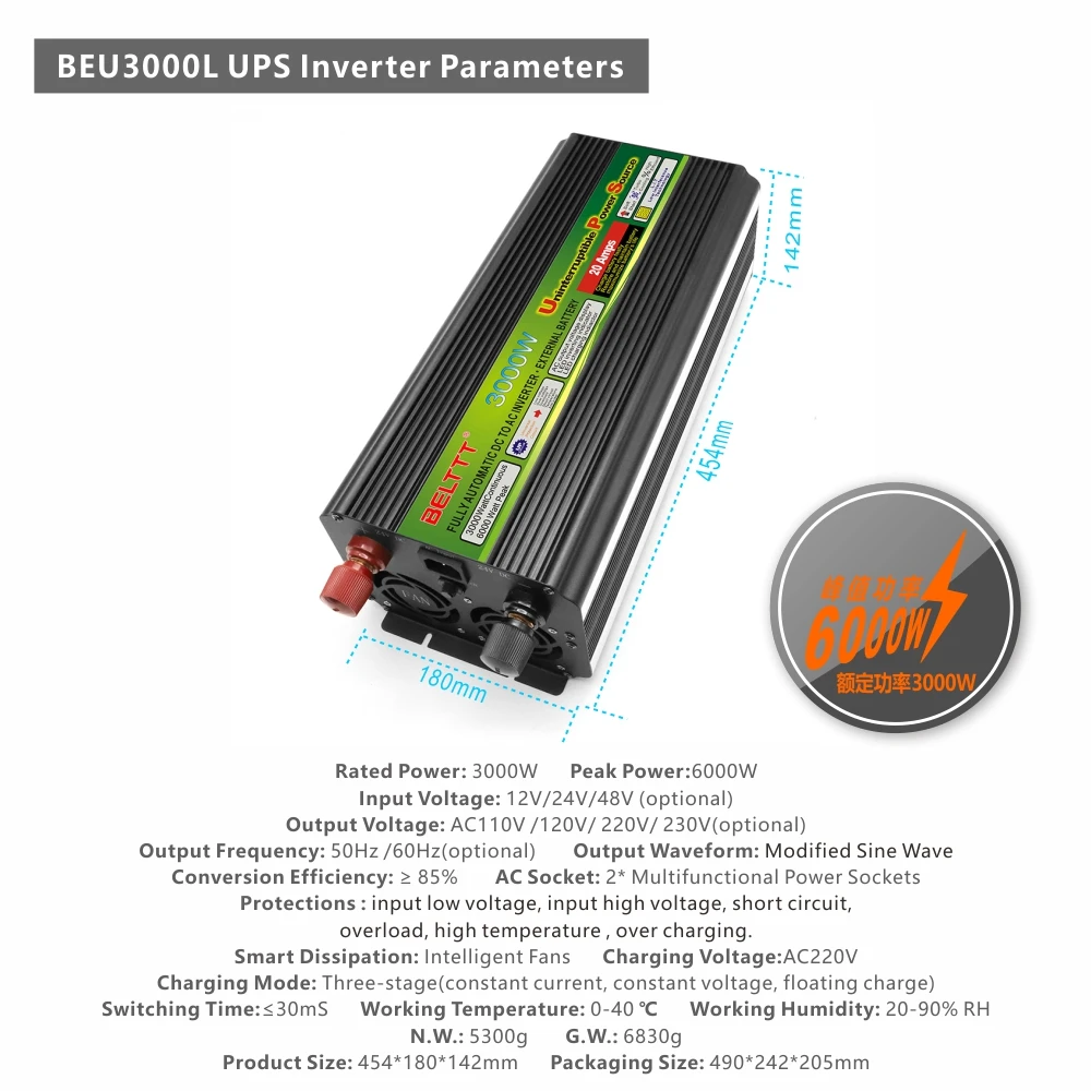 

Car Inverter 3000W DC 12V 24V 48V AC 220V Modified Sine Wave Inverter Peak Power 6000W Charger Converter Intelligent Protection