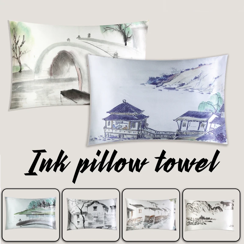 

1Pcs 50*80cm Soft 100% Mulberry Silk Pillowcase Retro Chinese Ink Scenic Pillow Case Personality Beautiful Scenery Pillowcase