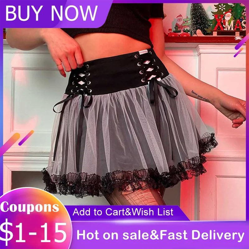Сетчатый в готическом стиле юбки Цвет блок с высокой талией Для женщин Harajuku