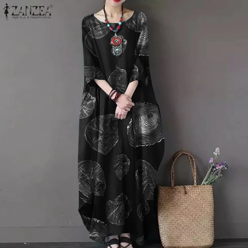 ZANZEA Women Vintage Floral Printed Dress Autumn 3/4 Sleeve Cotton Linen Sundress Kaftan Femme Loose Baggy Maxi Long Vestidos | Женская
