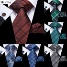 Свадебный галстук темно-синий бордовый в клетку, Шелковый, для мужчин, запонки с носовым платком, подарок, мужской галстук, модный дизайнерский, деловой, дропшиппинг
