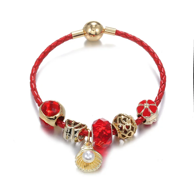 

Leather red rope bracelet pearl pendant gold accessories holiday handmade jewelry jewelry charm bracelets for women