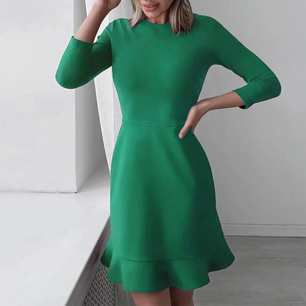 

Женское офисное короткое платье с оборками, элегантное однотонное облегающее платье мини с круглым вырезом, оборками и длинным рукавом, осе...