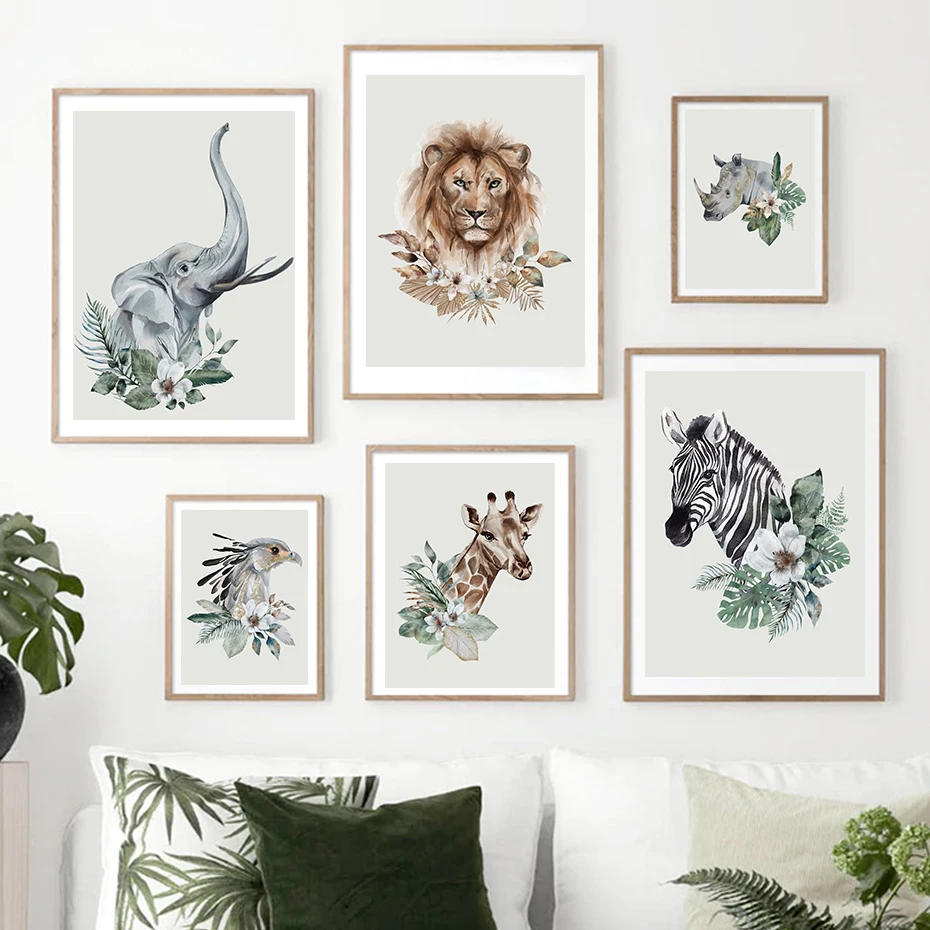 

Africa Wild Animals Flowers Leaves Watercolor and Gold Poster Canvas Paintings Wall Art Print Picture for Living Room Home Decor
