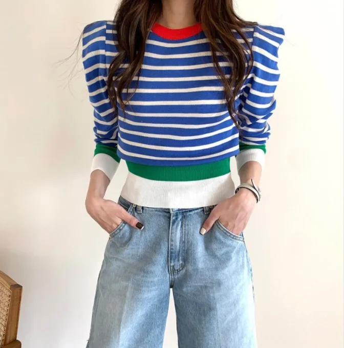 

Женский трикотажный пуловер в полоску, повседневный модный свитер с длинным рукавом и круглым вырезом в Корейском стиле, Осень-зима 2021
