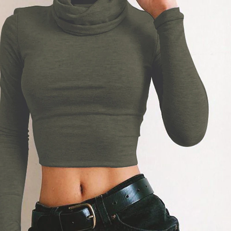 

Spring And Autumn Basic Tee Tops Women High Collar Short T-shirt Long Sleeve Solid T-Shirt Female Ladie Tees Shirt