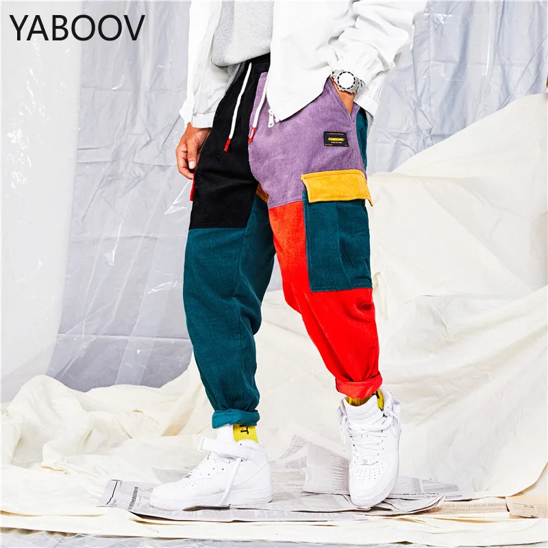 

Джинсы мужские цветные в стиле пэчворк, теплые брюки-карго, вельветовые Джоггеры в стиле хип-хоп, уличная одежда