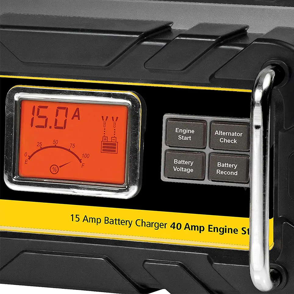 

Fully automatic 15 amp 12V bench seat battery charger/maintainer with 40A engine start, alternator inspection, cable clamp