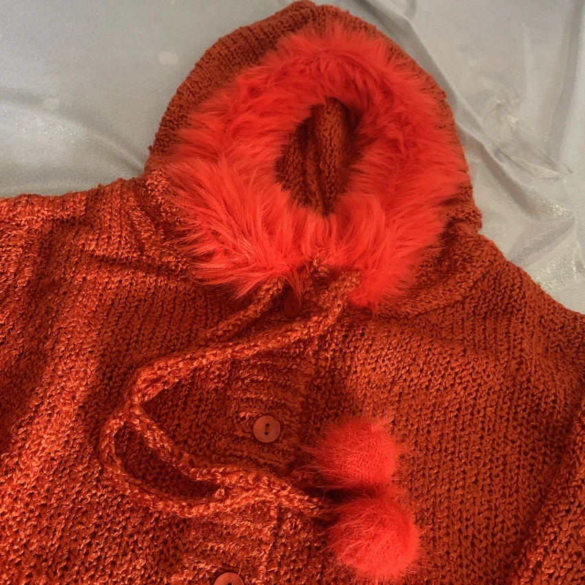4 цвета осень kawaii короткий pull femme sweter пушистый hairball меховой воротник с капюшоном укороченный свитер Женский вязаный кардиган