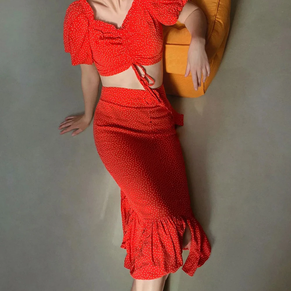 Новый женский летний комплект из двух предметов с принтом в красный горошек