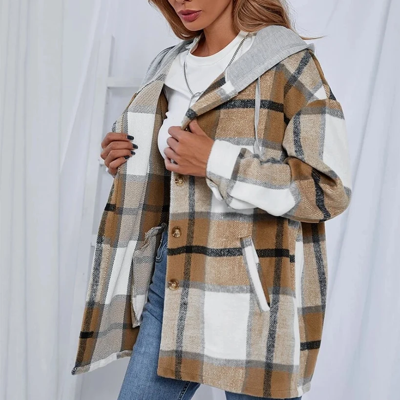 

Autumn Fashion Women Plaid Blends Coats Hooded Drawstring Loose Casual Pockets Jackets Lady Outwear Wools Blends Oversized Coat