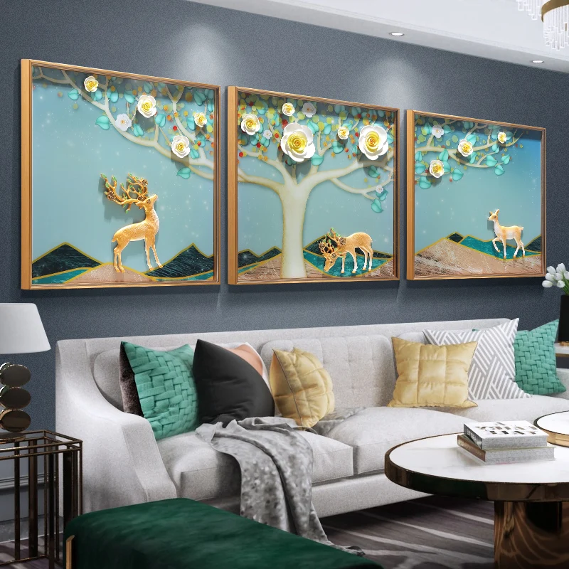 

Living Room Wall Decoration Painting Modern Minimalist Triple Mural Restaurant 3D Hanging Picture Ice Crystal Relief Painting