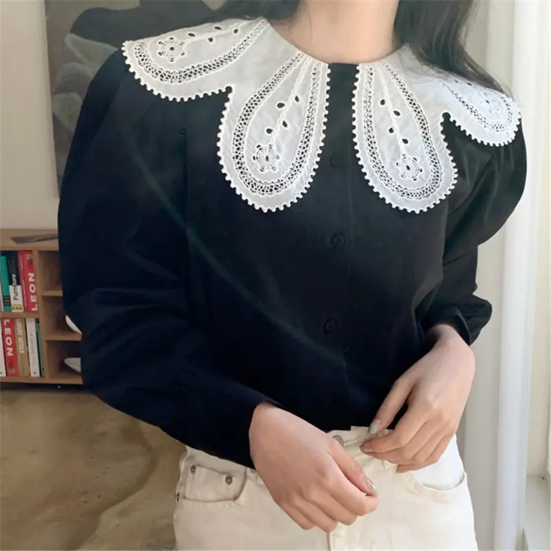 

Alien Kitty 2021 Princess Vintage Femme Hook Flowers Streetwear Sweet All Match Fashion Blouses Elegant Office Lady Tops Shirts