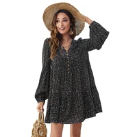 women floral print casual mini dress european style spring long sleeve v neck single breasted patchwork bohemian beach dress
