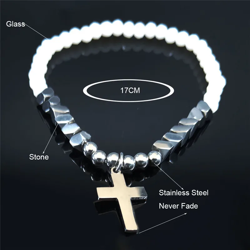 

Cross Stainless Steel Chain Bracelets Women Silver Color Glass Beads Bracelet Charm Jewelry bijoux acier inoxydable femme B18697