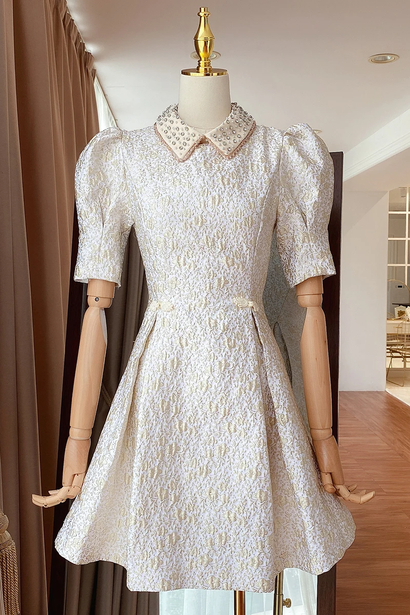 

Elegant Office Lady Beaded Jacquard Embroidered A-Line Dress All-match Slim Waist Women's Dress Fashion Peter Pan Collar Dress