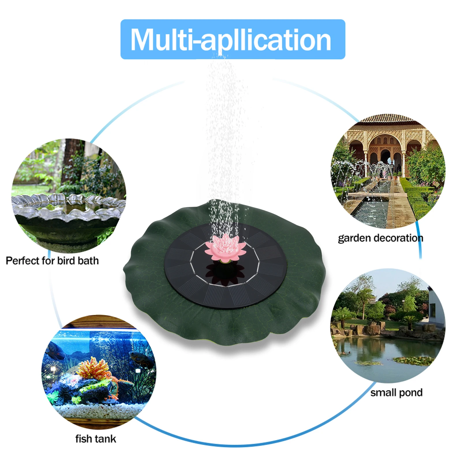 

Lotus leaf Fountain with 9 Nozzles Solar Powered Floating Circle Fountain Pump Free Standing Bird Bath Fountain Pump for Garden