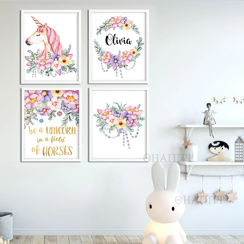 

Nursery Wall Art Unicorn Canvas Poster Custom Baby Name Sign Flower Girls Bedroom Print Painting Decor Picture Unframed