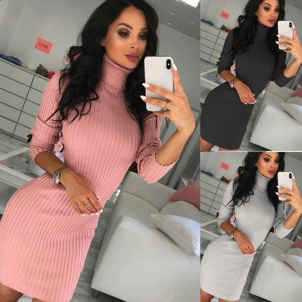 

2020 New Autumn Winter Mini Dress For Women Sexy Turtleneck Sweater Women Dress Solid Long Sleeve Fashion Comfortable Dress