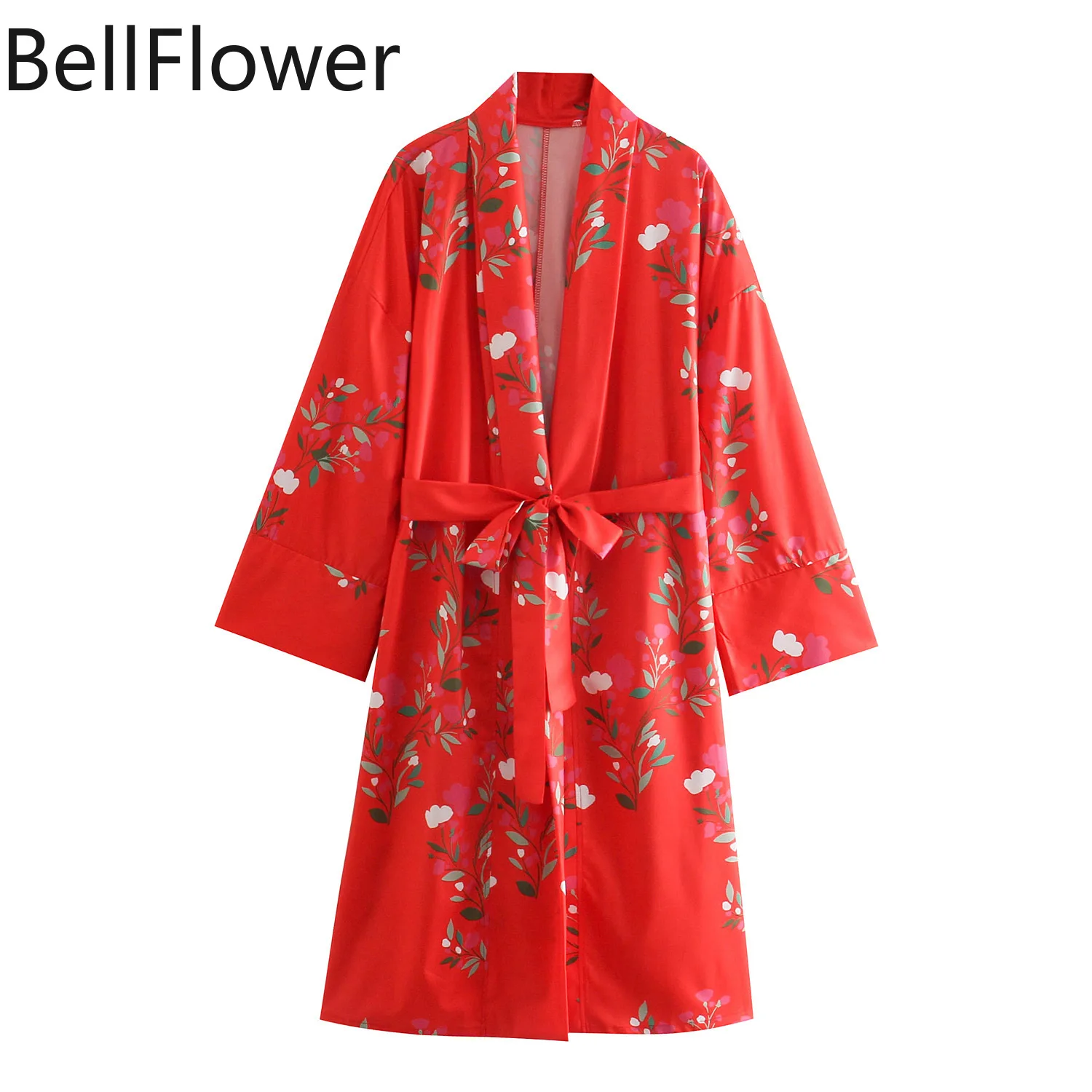 

Red Kimono Boho Long Maxi Dress Autumn Women Clothes Floral Printing Bandage Loose Long Sleeve Dress Bulk Items Wholesale Lots
