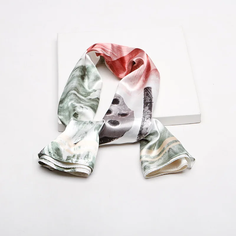 

2020 90x90 painting lotus Multipurpose women Silk twill scarf Satin square tie Hairband ladies foulard femme towel bufanda shawl