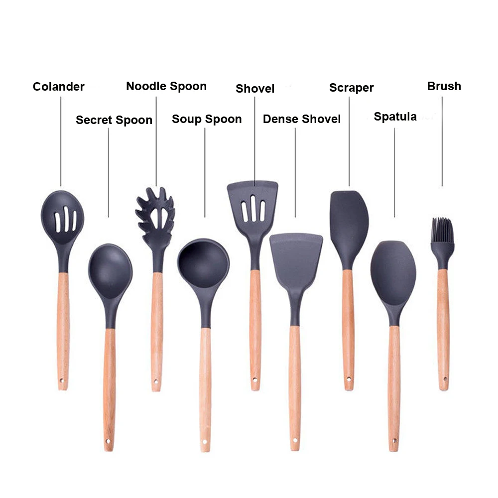Multiple Style Wooden Handle Silicone Spatula Soup Spoon Fork Colander Shovel Cooking Utensils Kitchen Tool Suit Exquisite | Дом и сад