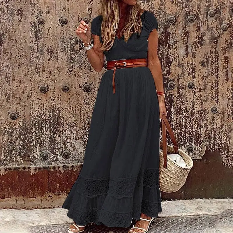 

Women's Boho White Long Dress V-Neck Lace Patchwork Solid Casual Robe Female Summer 2021 Sweet Stylish Elegant Dresses Plus Size