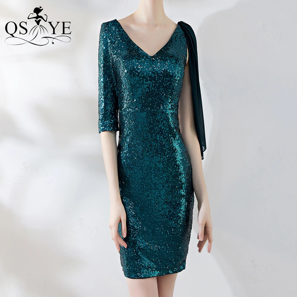 

One Shoulder Ribbon Hunter Green Evening Dress V Neck Long Sleeves New Prom Gown Glitter Sheath Party Dress Sequin Formal Dress