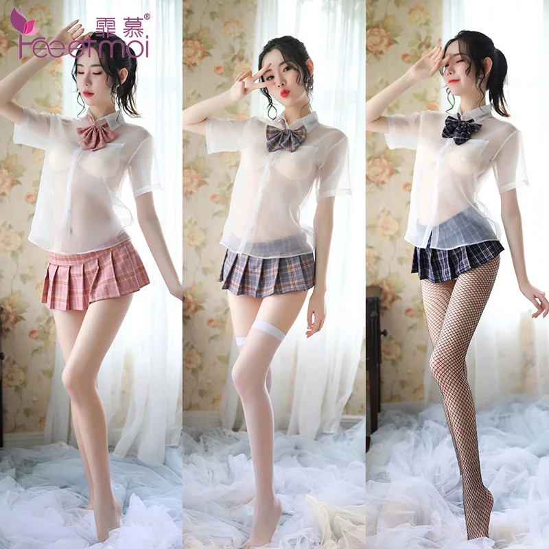 

High-end British plaid style student dress shirt bow collar pleated skirt woman sexy erotic upskirt student uniform cosplay