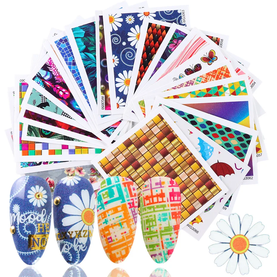 

Водяные наклейки для дизайна ногтей геометрический дизайн маленькая Цветочная бабочка в клетку цветочный Многоэлементный переводной деко...